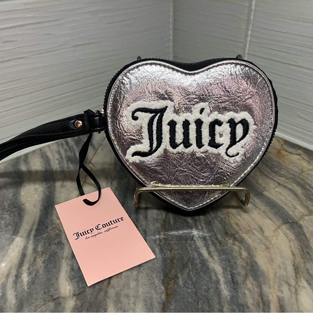 Juicy Couture Wallet Wristlet Metallic Silver Shear Genius Heart Coin Purse NWT
